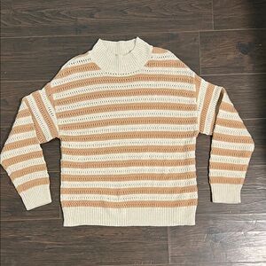 Time and Tru Cream and Tan Striped Mock Neck Sweater